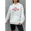 Yılbaşı Merry Christmas Baskılı Oversize Kapüşonlu Sweatshirt Hoodie - Beyaz