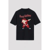 Yılbaşı Merry Christmas Noel Baba Baskılı Oversize Bisiklet Yaka T-shirt - Siyah