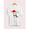 Yılbaşı Noel Ren Geyiği Baskılı Kısa Kollu Oversize Bisiklet Yaka T-shirt - Beyaz