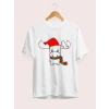 Yılbaşı Noel Ren Geyiği Baskılı Kısa Kollu Oversize Bisiklet Yaka T-shirt - Beyaz