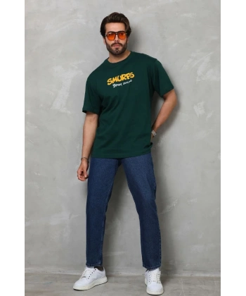 Erkek Kısa Kol Yazlık Tişört Bisiklet Yaka Baskılı Oversize T-Shirt - Yeşil