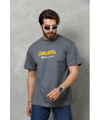 Erkek Kısa Kol Yazlık Tişört Bisiklet Yaka Baskılı Oversize T-Shirt - Füme