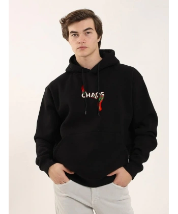 Erkek 3 İplik Pamuklu Kapüşonlu Baskılı Cepli Oversize Sweatshirt Hoodie - Siyah