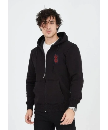 Erkek 3 İplik Pamuklu Kapüşonlu Tam Fermuarlı Cepli Hoodie Sweatshirt - Siyah