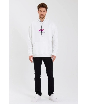 Erkek 3 İplik Pamuklu Kapüşonlu Baskılı Cepli Oversize Sweatshirt Hoodie - Beyaz