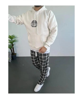 Erkek 3 İplik Pamuklu Kapüşonlu Baskılı Cepli Oversize Sweatshirt Hoodie - Beyaz