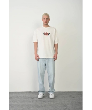 Erkek Kısa Kol Yazlık Tişört Bisiklet Yaka Baskılı Oversize T-Shirt - Beyaz