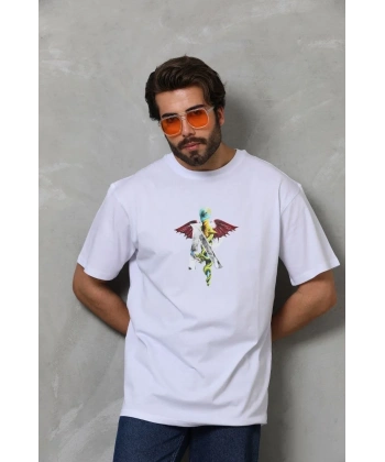 Erkek Baskılı T-Shirt Kısa Kol Bisiklet Yaka Regular Fit Rahat Kalıp Tişört -  Beyaz