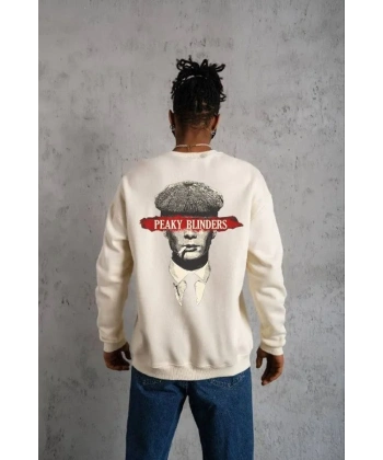 ERKEK 3 İplik Pamuklu Bisiklet Yaka Baskılı Oversize Sweatshirt - Beyaz