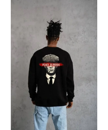 ERKEK 3 İplik Pamuklu Bisiklet Yaka Baskılı Oversize Sweatshirt - Siyah