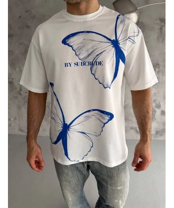 Erkek Kısa Kol Yazlık Tişört Bisiklet Yaka Baskılı Oversize T-Shirt - Beyaz