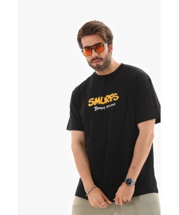 Erkek Kısa Kol Yazlık Tişört Bisiklet Yaka Baskılı Oversize T-Shirt - Siyah