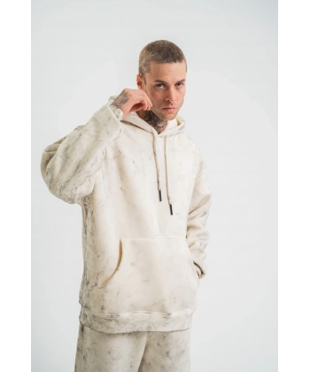 ERKEK  3 iplik Pamuklu Oversize Kapşonlu Yıkamalı SweatShirt Hoodie - Krem
