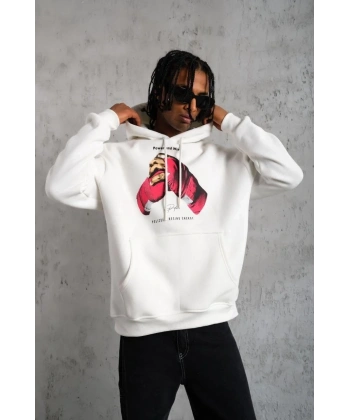 Erkek Kapüşonlu Cepli Boks Eldiven Baskılı 3 İplik Sweatshirt Hoodie - Beyaz