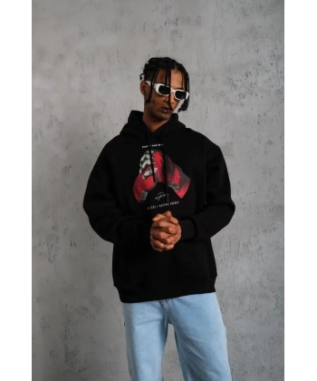 Erkek Kapüşonlu Cepli Box Eldiven Baskılı 3 İplik Sweatshirt Hoodie - Siyah
