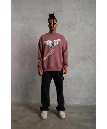Erkek Güvercin Baskılı Sweatshirt - Gül Kurusu