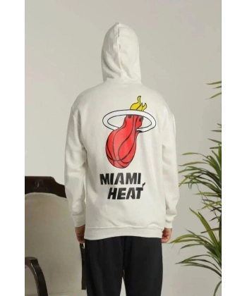 Erkek 3 İplik Pamuklu Kapüşonlu Baskılı Cepli Oversize Sweatshirt Hoodie - Beyaz