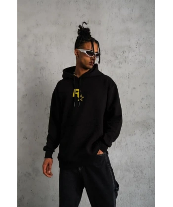 Erkek 3 İplik Pamuklu Kapüşonlu Baskılı Cepli Oversize Sweatshirt Hoodie - Siyah