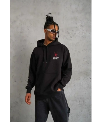 Erkek 3 İplik Pamuklu Kapüşonlu Baskılı Cepli Oversize Sweatshirt Hoodie - Siyah