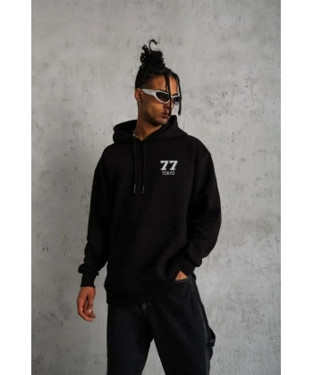 Erkek 3 İplik Pamuklu Kapüşonlu Baskılı Cepli Oversize Sweatshirt Hoodie - Siyah
