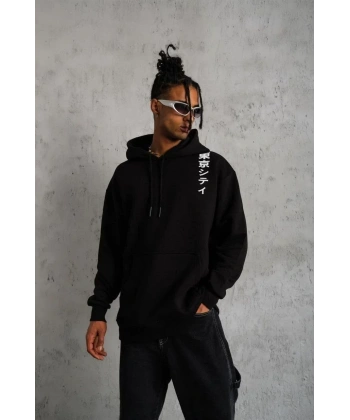 Erkek 3 İplik Pamuklu Kapüşonlu Baskılı Cepli Oversize Sweatshirt Hoodie - Siyah
