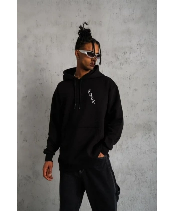 Erkek 3 İplik Pamuklu Kapüşonlu Baskılı Cepli Oversize Sweatshirt Hoodie - Siyah