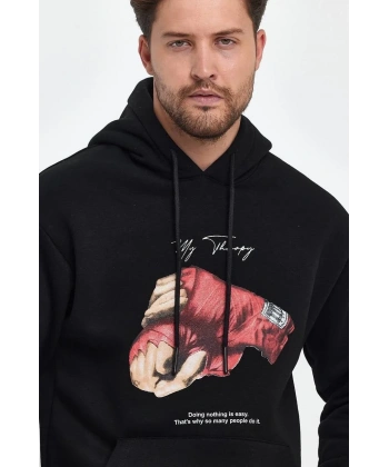 Erkek 3 İplik Pamuklu Kapüşonlu Cepli Boxy Eldiven Baskılı Hoodie Sweatshirt - Siyah