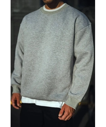 Erkek Kışlık Bisiklet Yaka 3 İplik Basic SweatShirt - Gri