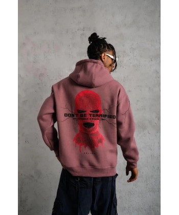 Erkek 3 İplik Pamuklu Kapüşonlu Baskılı Cepli Sweatshirt Hoodie - Gül Kurusu