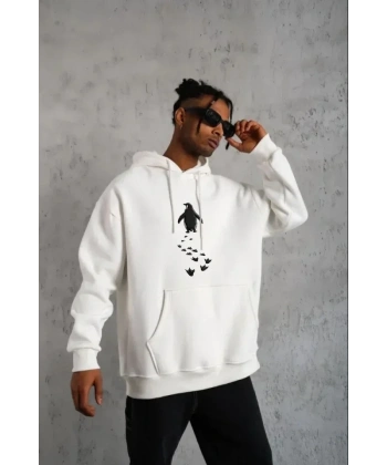 Erkek Nihilist Penguen Temalı Oversize Kapüşonlu Sweatshirt - Beyaz