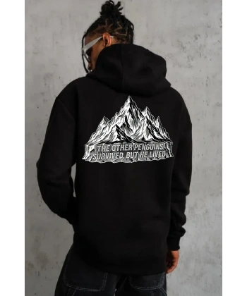 Erkek Nihilist Penguen Baskılı 3 İplik Pamuklu Kapüşonlu Sweatshirt Hoodie Siyah