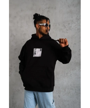 Erkek 3 İplik Pamuklu Kapüşonlu Baskılı Cepli Oversize Sweatshirt Hoodie - Siyah