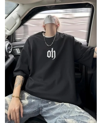 Erkek Kısa Kol Yazlık Tişört Bisiklet Yaka Baskılı Oversize T-Shirt - Siyah