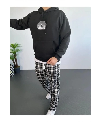 Erkek Kapüşonlu Kanguru Cepli Sweatshirt 3 İplik Pamuklu Baskılı Hoodie - Siyah
