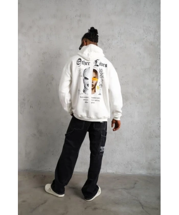 Erkek Kapüşonlu Kanguru Cepli Sweatshirt 3 İplik Pamuklu Baskılı Hoodie - Beyaz