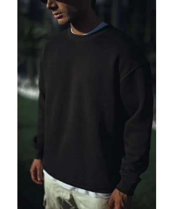 Erkek pamuklu Bisiklet Yaka 3 İplik Basic SweatShirt - Siyah