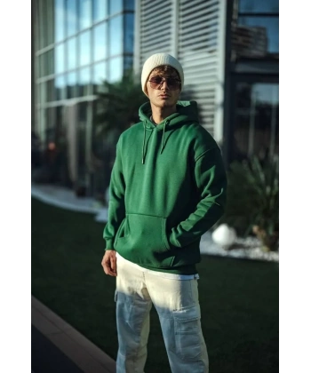 Erkek 3 İplik Pamuklu Kapüşonlu Basic SweatShirt Hoodie - Haki