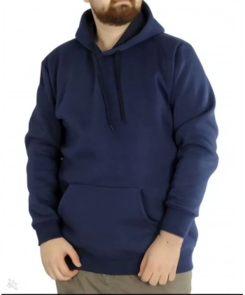 Erkek 3 İplik Pamuklu Kapüşonlu Cepli Hoodie Sweatshirt - Lacivert