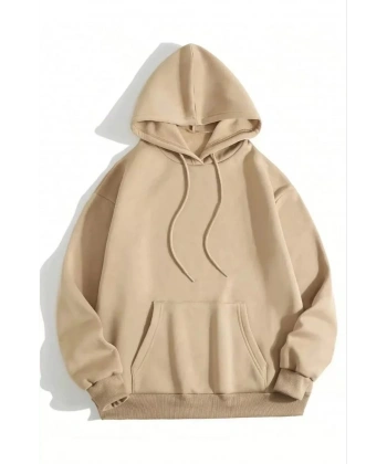 Kadın Kapüşonlu Kanguru Cepli 3 İplik Pamuklu Düz Hoodie Sweatshirt - Bej
