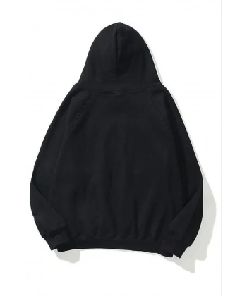 Kadın Kapüşonlu Kanguru Cepli 3 İplik Pamuklu Düz Hoodie Sweatshirt - Siyah