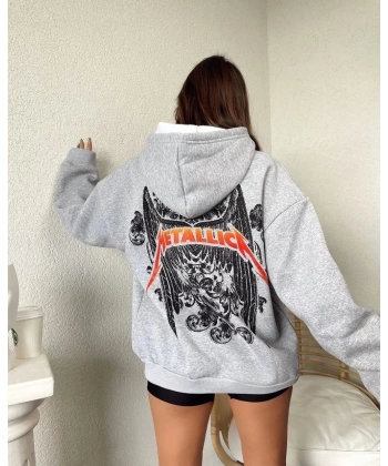 Kadın 2 İplik METALLICA Baskılı Kapüşonlu Sweatshirt Hoodie - Gri