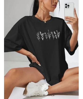 Kadın Baskılı T-Shirt Kısa Kol Bisiklet Yaka Oversize Rahat Kalıp Tişört - Siyah