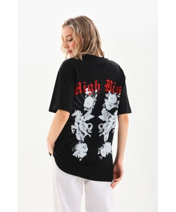 Kadın Kısa Kol Yazlık Tişört Bisiklet Yaka Baskılı Oversize T-Shirt - Siyah