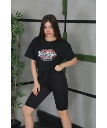 Kadın Kısa Kol Yazlık Tişört Bisiklet Yaka Baskılı Oversize T-Shirt - Siyah