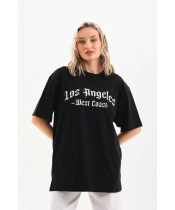 Kadın Baskılı Tişört Kısa Kol Bisiklet Yaka Oversize T-Shirt - Siyah