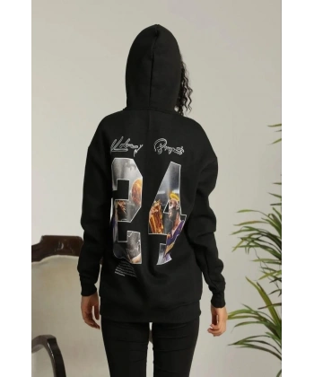 Kadın Oversize Kapüşonlu Cepli Baskılı 3 İplik Pamuklu Hoodie Sweatshirt - Siyah