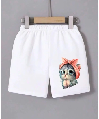 Kadın Beli Lastikli Baskılı Mini Şort - Beyaz
