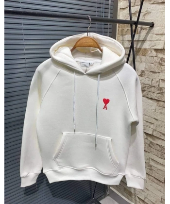 Kadın Oversize Kapüşonlu Cepli KALP Baskılı 3 İplik Pamuklu Hoodie Sweatshirt - Beyaz