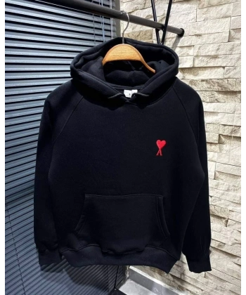 Kadın Oversize Kapüşonlu Cepli KALP Baskılı 3 İplik Pamuklu Hoodie Sweatshirt - Siyah