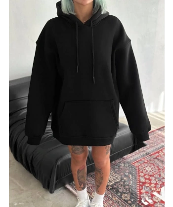 Kadın Kapüşonlu Kanguru Cepli 3 İplik Pamuklu Oversize Hoodie Sweatshirt - Siyah